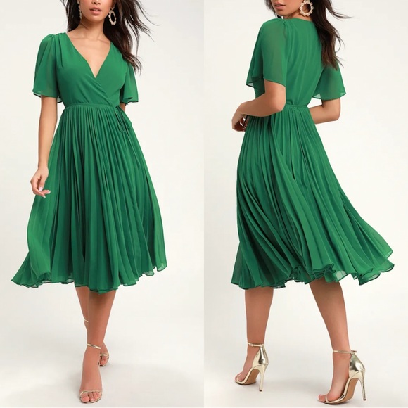 Lulu's Pleats To Meet You Green Pleated Midi Wrap Dress Large NWT Formal Wedding - Picture 1 of 15